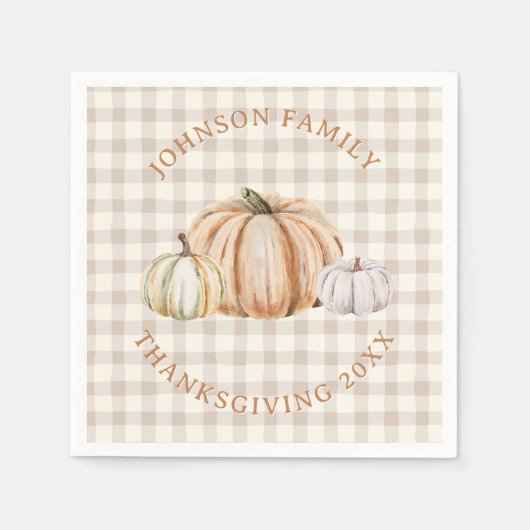 Serviette En Papier Personalized Family Name Thankful Neutral Gingham (Devant)