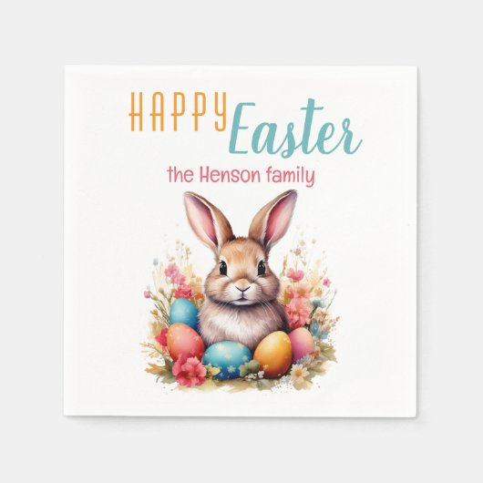 Serviette En Papier Personalized Happy Easter Bunny Eggs Family  (Devant)