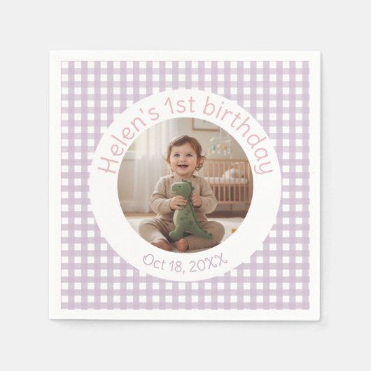 Serviette En Papier Personalized Lavender Gingham Birthday Photo (Devant)