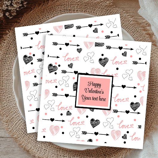 Serviette En Papier Personalized Valentine Pink Black Hearts Sketch 