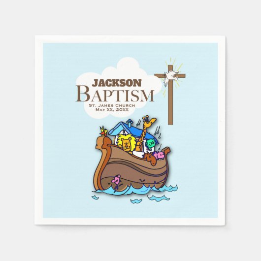 Serviette En Papier Personnalisable, Baby Boy Baptism Arche de Noah (Devant)