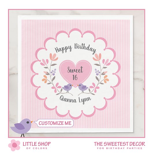 Serviette En Papier Personnalisable Rose Floral Sweet 16 Anniversaire