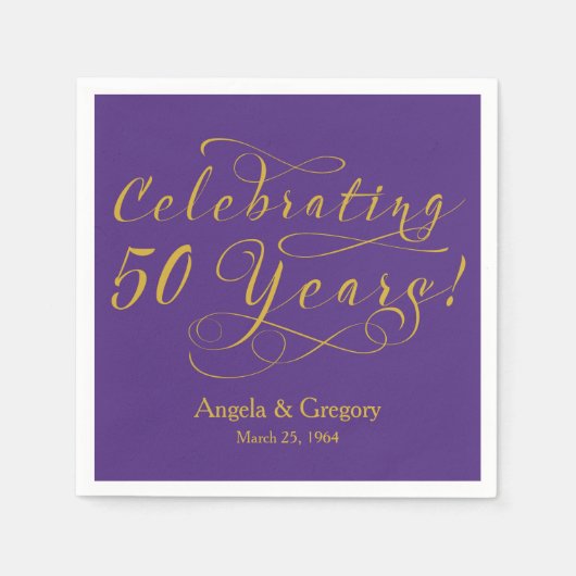Serviette En Papier Personnalisé 50e anniversaire Mariage or violet (Devant)