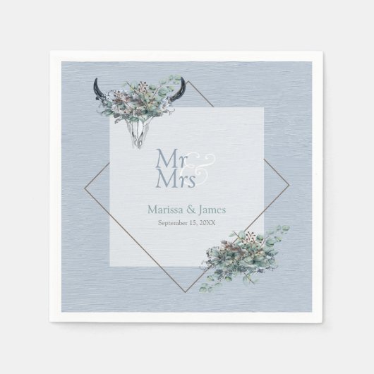 Serviette En Papier Personnalisé Dusty Blue Boho M. Mme Mariage (Devant)