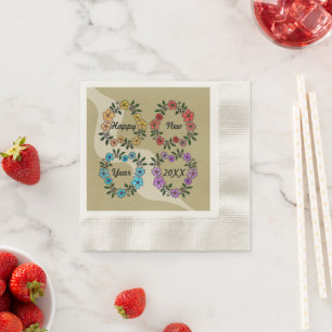 SERVIETTE EN PAPIER PERSONNALISÉ HAPPY NEW YEAR 20XX & FLEURS WREATHS