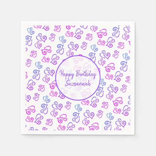 Serviette En Papier Personnalisé Lié rose violet Motif de coeur bleu (Devant)