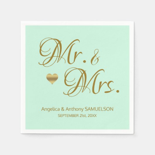 Serviette En Papier Personnalisé M. & Mme Mint Green Gold Mariage (Devant)