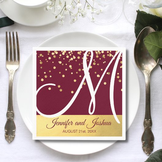 Serviette En Papier Personnalisé Monogramme BURGUNDY Gold Mariage