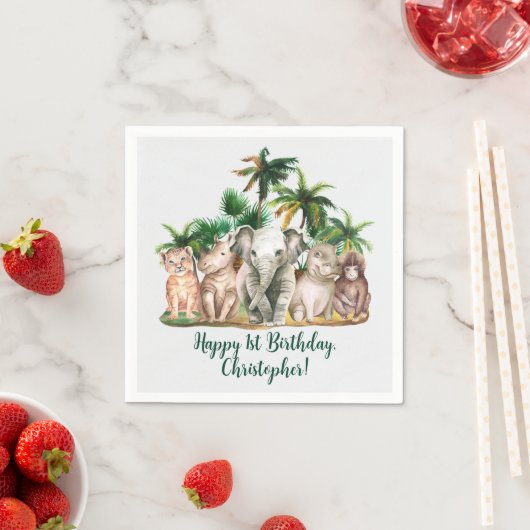 Serviette En Papier Personnalisé Nom Safari Animaux Palm Trees Anniver (En situation)