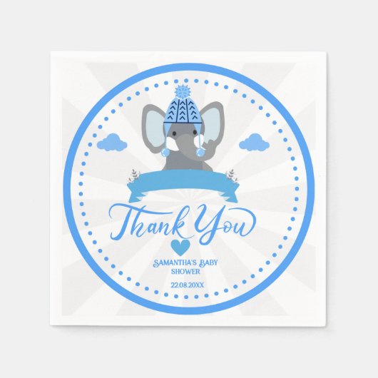 Serviette En Papier Personnalisé Rustic Blue Elephant Baby shower garç (Devant)