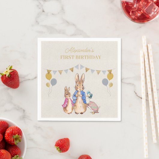 Serviette En Papier Personnaliser Peter lapin lin beige 1er anniversai (En situation)