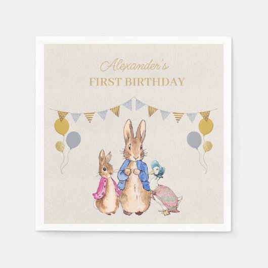 Serviette En Papier Personnaliser Peter lapin lin beige 1er anniversai (Devant)