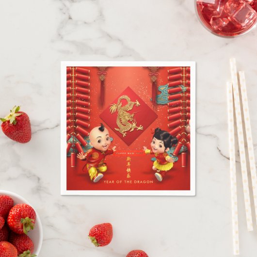 Serviette En Papier Pétards traditionnels Dragon chinois Année PPN (En situation)