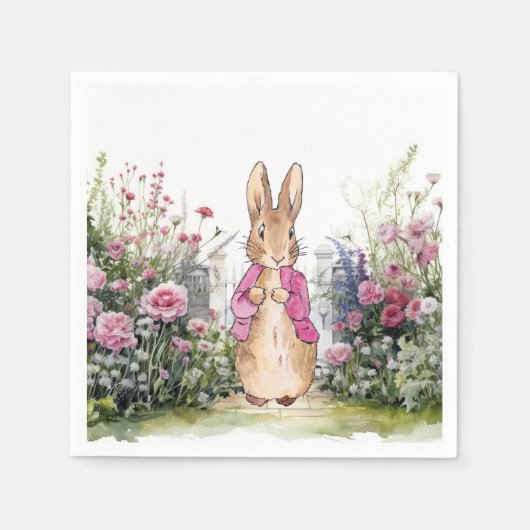 Serviette En Papier Peter le lapin rose dans son jardin (Devant)