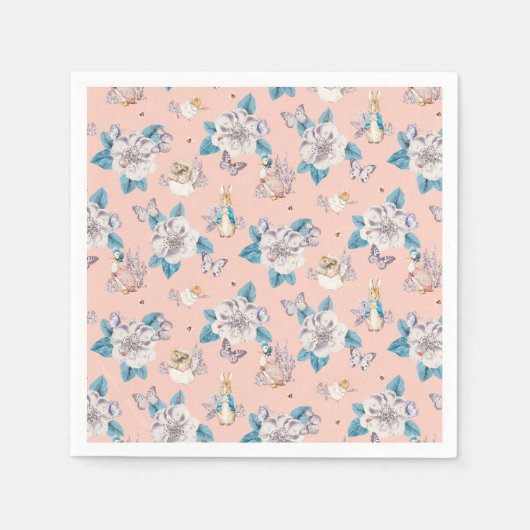 Serviette En Papier Peter Rabbit | Motif de jardin fleuri rose (Devant)