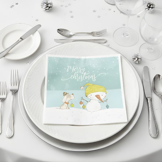 Serviette En Papier Petit bonhomme de neige et chien dans la scène hiv