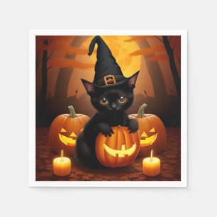 Serviette En Papier Petit chat noir avec chapeau de sorcière parmi les