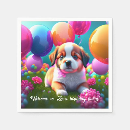 Serviette En Papier Petit chiot avec ballons - anniversaire (Devant)