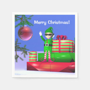 Serviette En Papier Petit Elfe de Noël debout sur les cadeaux