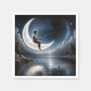 Serviette En Papier Petit garçon pêchant sur un croissant de lune