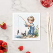 Serviette En Papier Petit Garçon Pêche Avec Kitten (En situation)