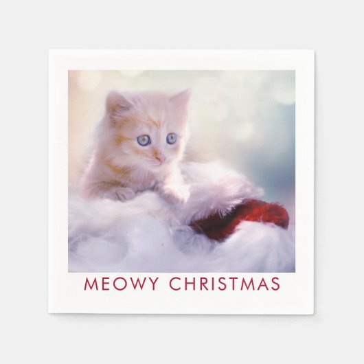 Serviette En Papier Petit Kitten reposant sur un chapeau de Noël Meowy (Devant)