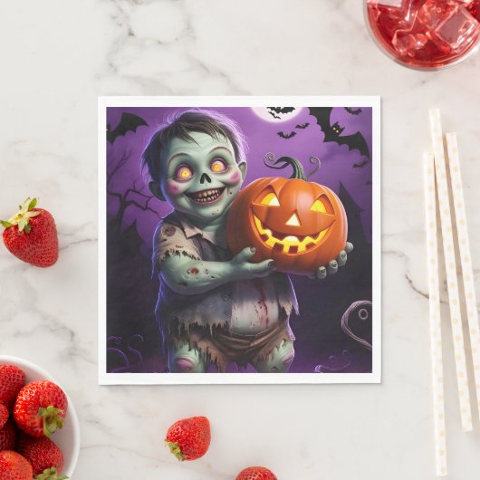 Serviette En Papier Petit Monstre Vert et ami Citrouille (En situation)