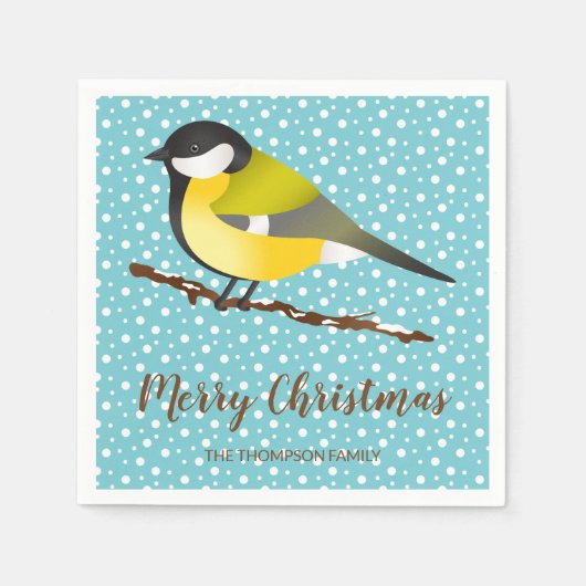 Serviette En Papier Petit oiseau d'hiver jaune et joyeux texte de Noël (Devant)