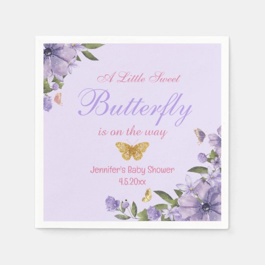 Serviette En Papier petit papillon fleurs violettes fille baby shower (Devant)
