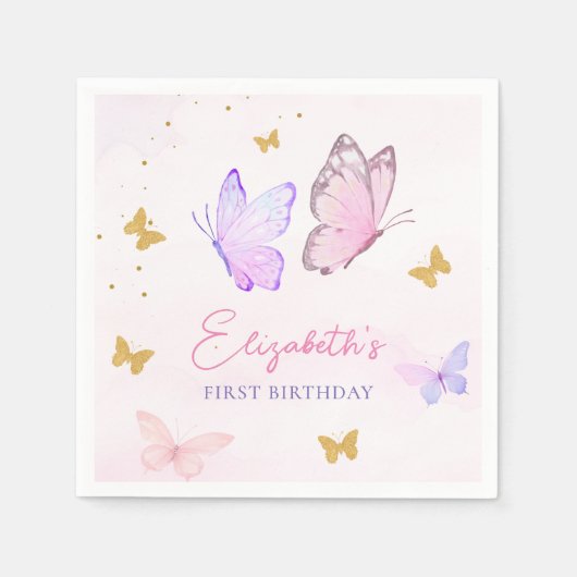 Serviette En Papier Petit Papillon rose violet or fille Anniversaire (Devant)