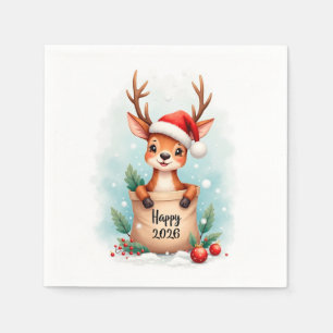 Serviette En Papier Petit renne avec un chapeau de Père Noël Bonne ann