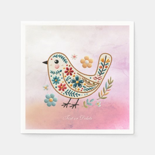 Serviette En Papier Petite Broderie Florale d'oiseaux serviettes roses (Devant)