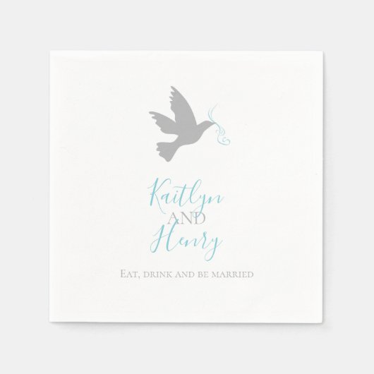 Serviette En Papier Petite colombe grise avec mariage de rubans bleu a (Devant)