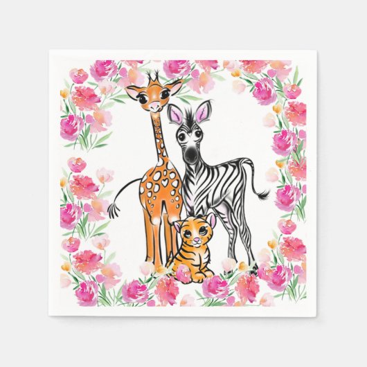 Serviette En Papier Petite fille amis Safari, girafe, zèbre, tigre (Devant)