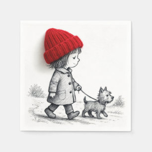 Serviette En Papier Petite Fille Au Chapeau Rouge Promenant Son Chien