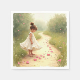 Serviette En Papier Petite Fille Aux Coeurs Roses Sur Le Chemin Du Che