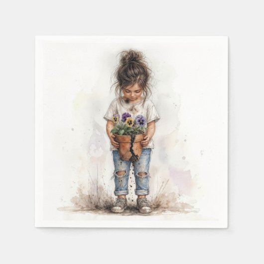 Serviette En Papier Petite Fille avec des Pensées dans un Pot Cassé (Devant)