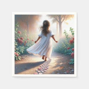 Serviette En Papier Petite Fille Courant Sur Un Chemin De Coeurs Roses