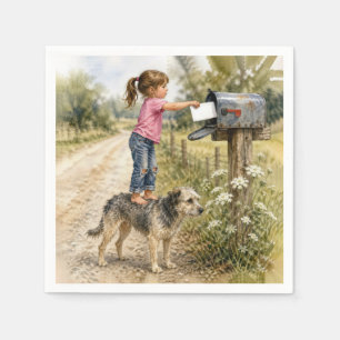 Serviette En Papier Petite fille envoyant une carte