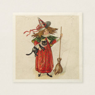 Serviette En Papier Petite fille vintage de sorcière de Halloween ave