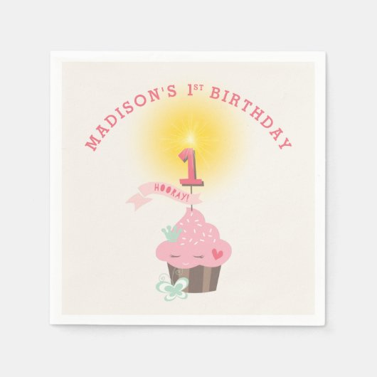 Serviette En Papier Petite Miss Pink Cupcake Fille 1er anniversaire (Devant)