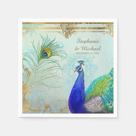 Serviette En Papier Pétoncs Paon Plumes de queue Faux Gold Leaf Swirl (Devant)