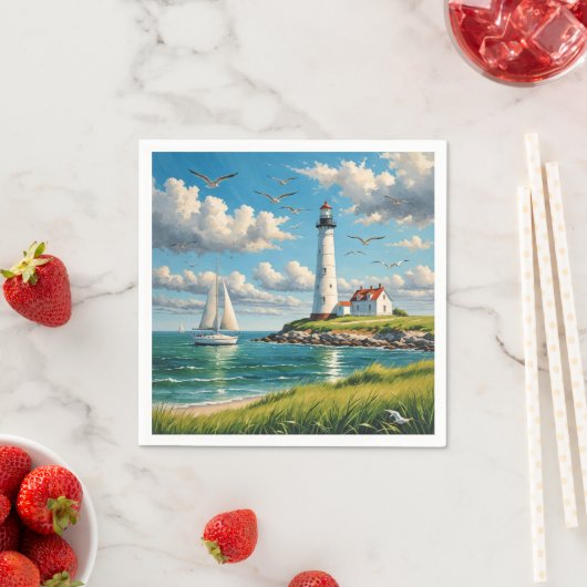 Serviette En Papier Phare Blanc Avec Voilier (En situation)