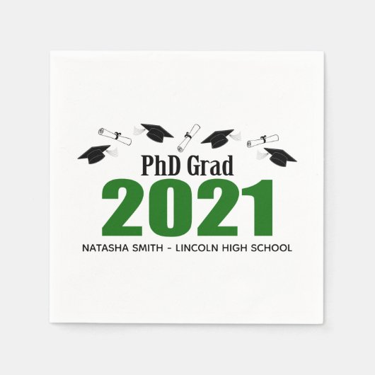Serviette En Papier PhD Grad 2021 Graduation Caps & Diplomas (Vert) (Devant)