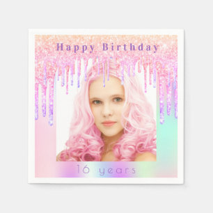 Serviette En Papier Photo Anniversaire rose violet parties scintillant