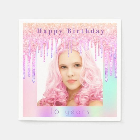 Serviette En Papier Photo Anniversaire rose violet parties scintillant (Devant)