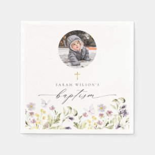 Serviette En Papier Photo Baptême de Papillon floral de prairie rose m