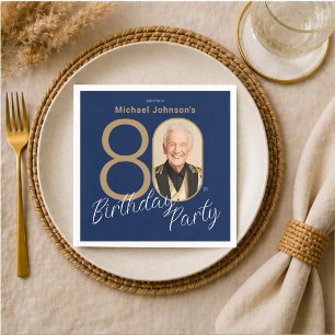 Serviette En Papier Photo Bleu Nuit Or Élégant Personnalisé 80e Annive