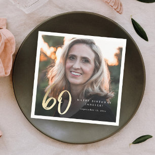Serviette En Papier Photo de 60e anniversaire moderne noir et or scrip