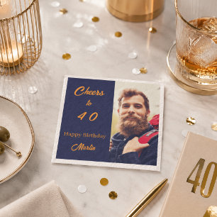 Serviette En Papier Photo de anniversaire bleu or félicitations hommes